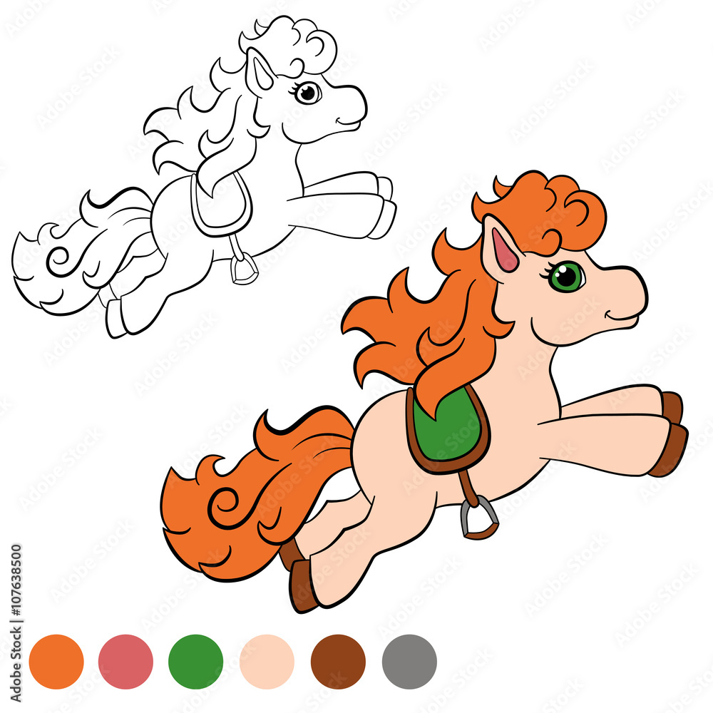 Colouring Ponies Learning Coloring page. Color me: pony. Little cute pony runs and smiles. Stock ...
