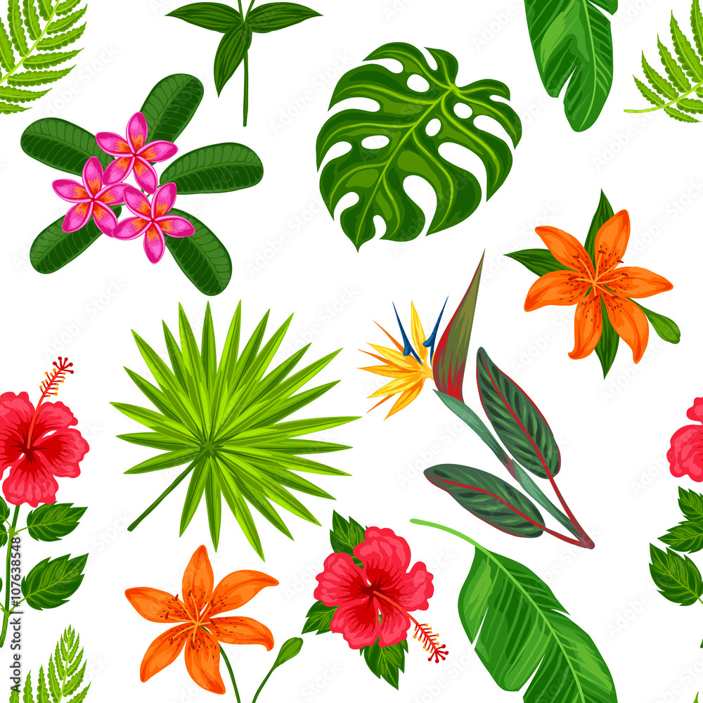 Seamless pattern with tropical plants, leaves and flowers. Background made without clipping mask. Easy to use for backdrop, textile, wrapping paper