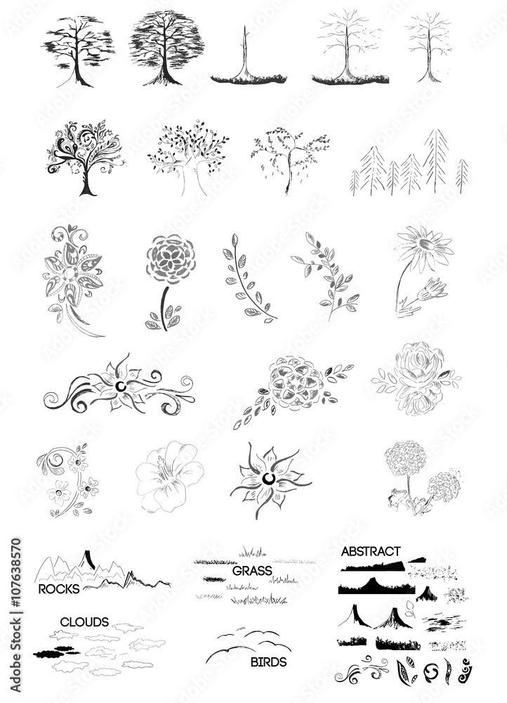 Hand-drawn nature set objects
