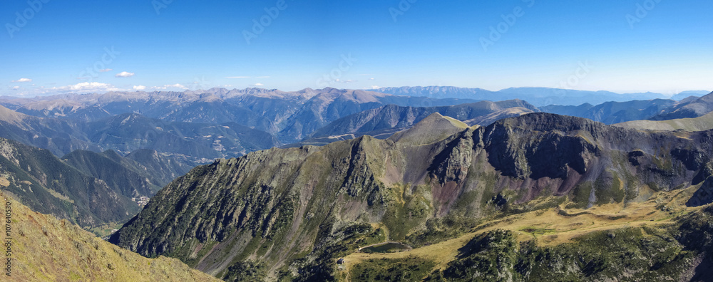 Panorama of the Pyrenees mountains in Andorra, from top of Coma Pedrosa peak.