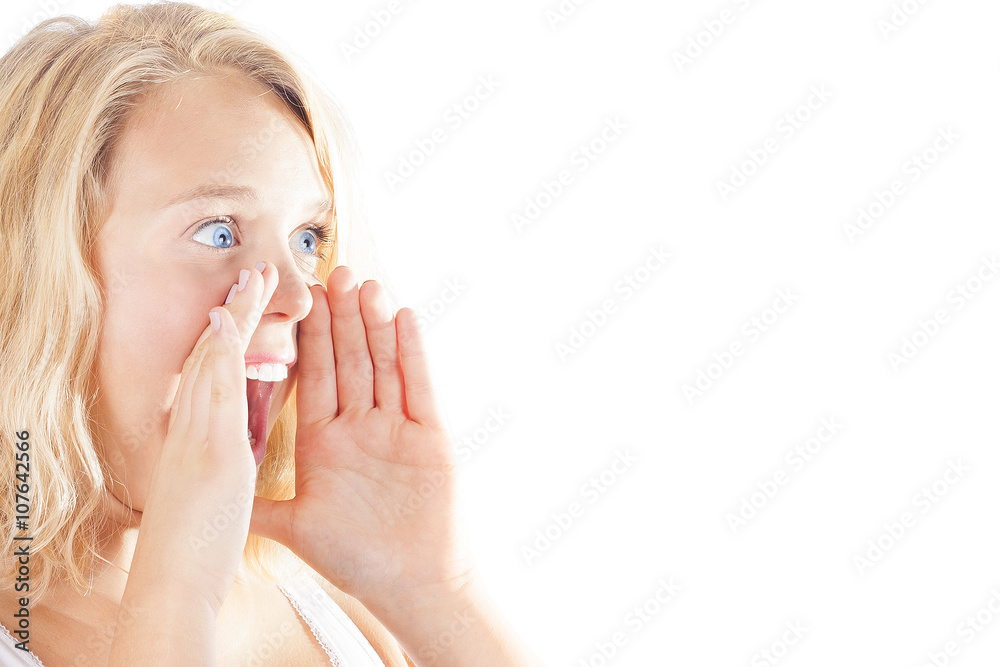Close up of young blonde woman screaming with copy space