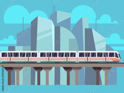 Sky Train, Subway Landscape Flat Concept. Vector train transportation concept on city backdrop