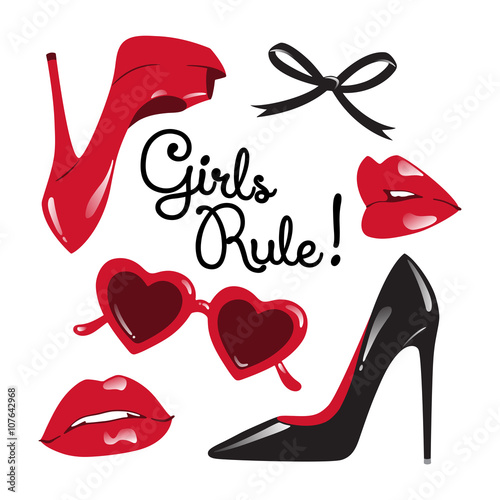 Set of isolated red and black elements. Fashion collage or card - high heeled shoes, heart shaped glasses, glossy lips, ribbon bow vector illustration. Girls rule!