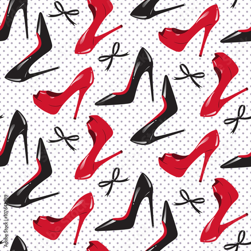 Seamless pattern design for package of shoes. Red and black shiny glossy high heeled shoes over dotted background vector illustration.