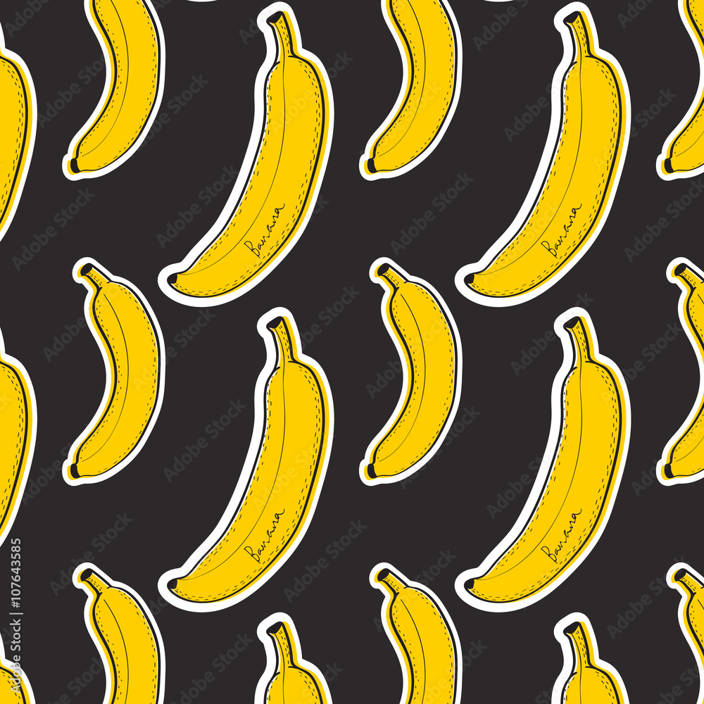Hand drawn bananas pattern on black background. Print texture. Fabric design. Vector illustration. Hand drawn bananas pattern on black background. Print texture. Fabric design. Vector illustration.