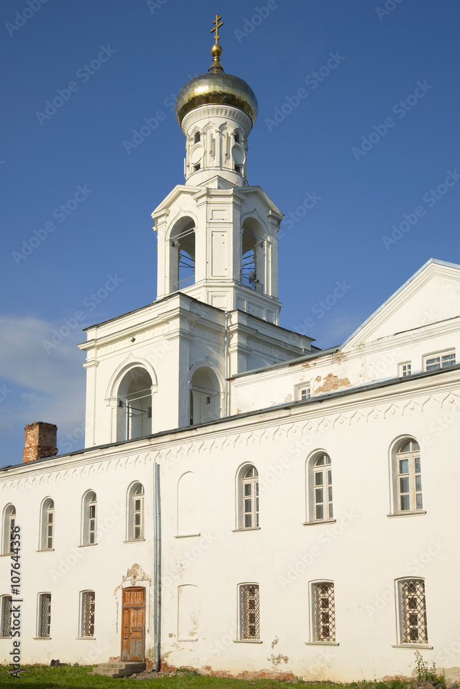 View of the bell tower of St. George's monastery. Veliky Novgorod, Russia