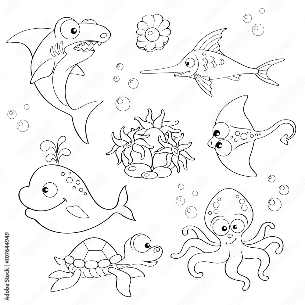 Set of cute cartoon sea animals. Black and white vector illustration