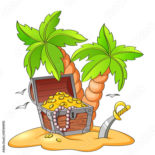 Pirate's treasure chest on deserted beach with palm trees