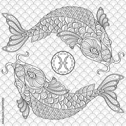 Pisces. Koi fish. Chinese carps. Adult antistress coloring page. Black and white hand drawn doodle for coloring book