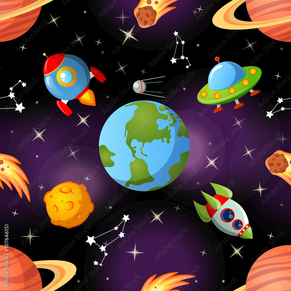 Naklejka premium Childish seamless space pattern with Earth, saturn, UFO, rockets moon and stars