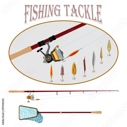 
Sport fishing at all times
Spinning with reel and a set of different baubles.
for fishermen and shop, vector illustration
