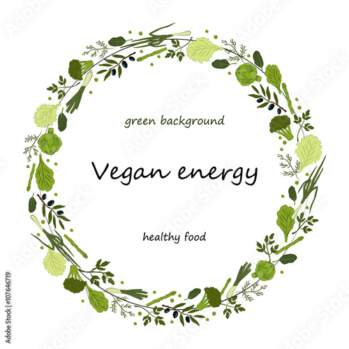Green food circle background. Vegan energy.