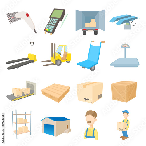 Warehouse logistic storage icons set cartoon style