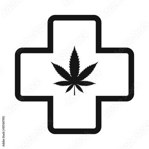 Hemp leaf with cross icon, black simple style