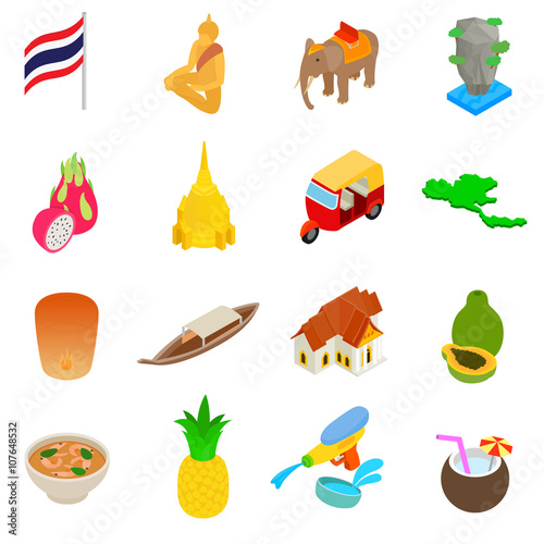 Thailand icons set, isometric 3d style