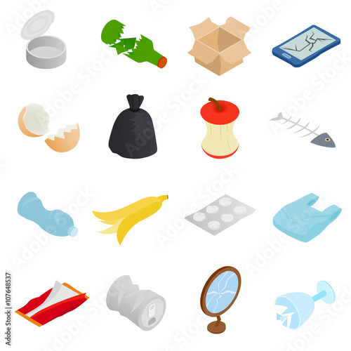 Waste and garbage icons set, isometric 3d style