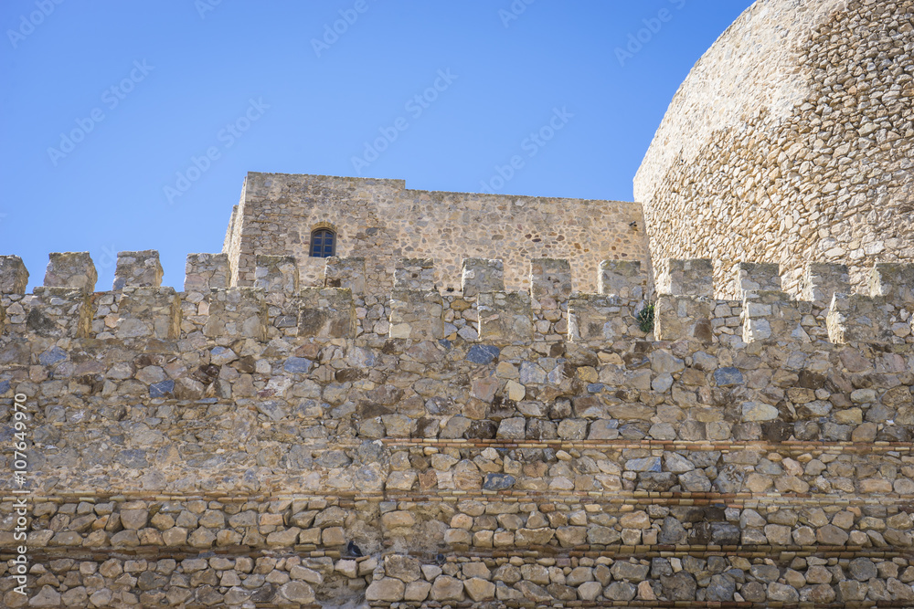 fort wall medieval stone tower in the city of Toledo, Spain, anc