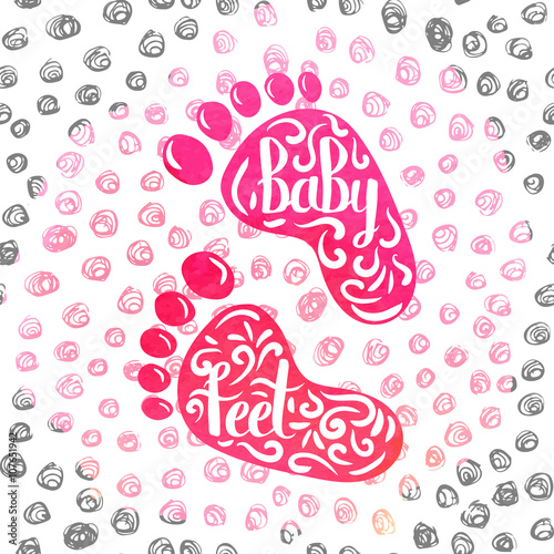 Hand-lettered  a colorful poster advertising the prints of children's feet. Casts from clay and clay in memory of the birth of a baby girl. Vector