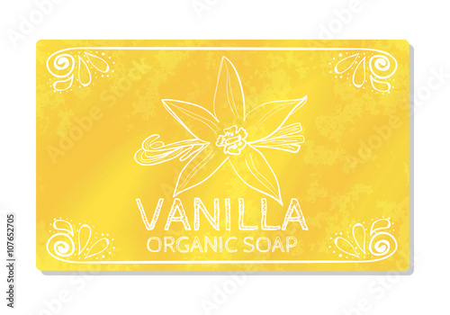 Decal design hand organic soap with vanilla isolated on white background. Label in hand drawn style. Vector