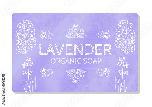 Decal design hand organic soap with lavender isolated on white background. Label in hand drawn style. Vector