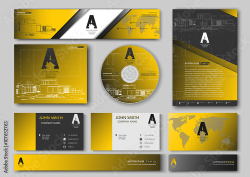 Business cards design with blueprint sketch for architectural company. Architectural background for architectural project, architectural brochure, technical project, architectural drawing CD with logo