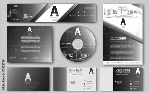 Business cards design with blueprint sketch for architectural company. Architectural background for architectural project, architectural brochure, technical project, architectural drawing CD with logo