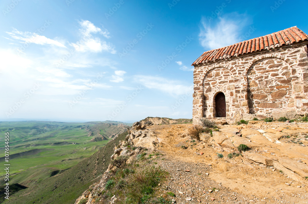 Antique historical church built on cliff in David Gareji monaste