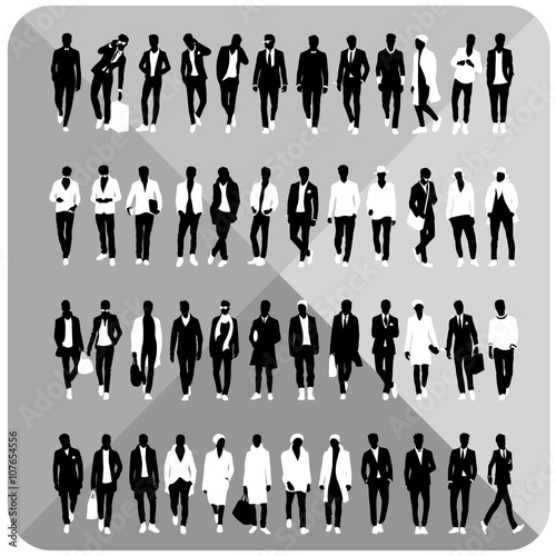 Black silhouettes of walking,standing,talking man,Fashion silhouettes,Elegant dressed silhouettes,Casual dressed silhouettes.White cloths removable.