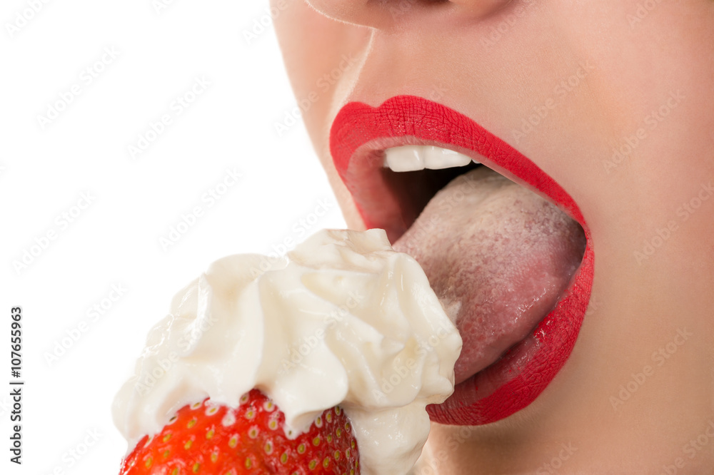 Sexy Woman Eating Strawberry With Cream Sensual Red Lips Stock 写真 Adobe Stock 