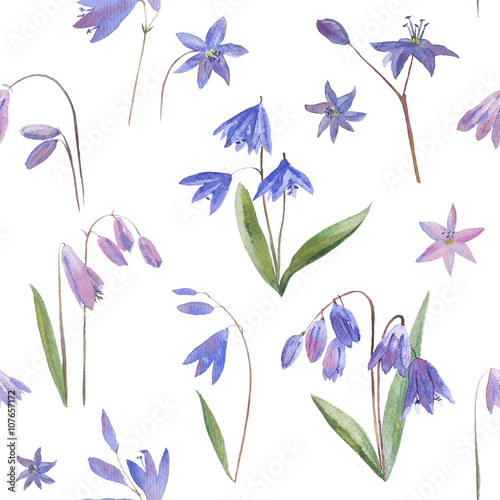Bell flowers.Bluebell seamless pattern.Watercolor hand drawn illustration.White background.