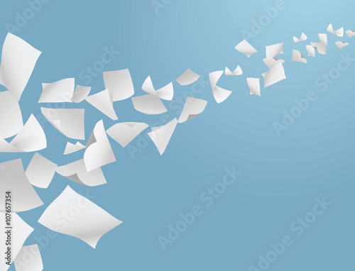 Vector white papers flying on the blue sky.