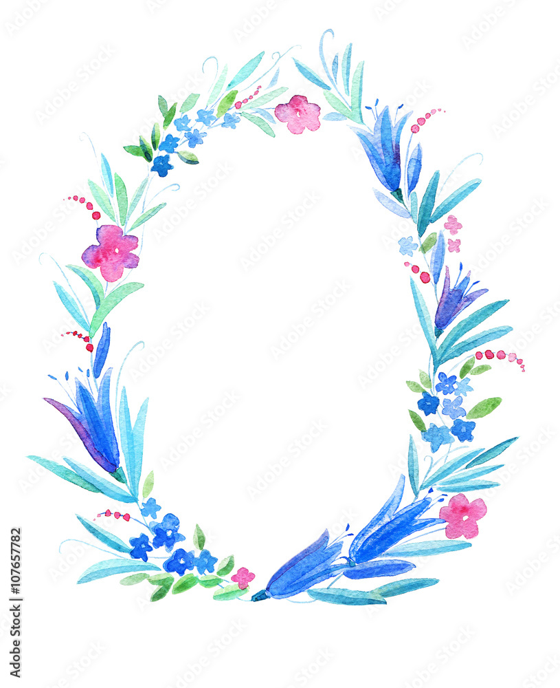 Obraz Wreath of flowers.Frame with flowers,bell,twig.Watercolor hand drawn illustration.White background.