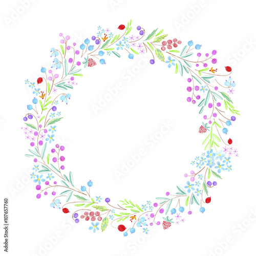 Floral wreath.Colored pencils hand drawn illustration.White background.