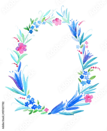 Wreath of flowers.Frame with flowers bell twig.Watercolor hand drawn illustration.White background.
