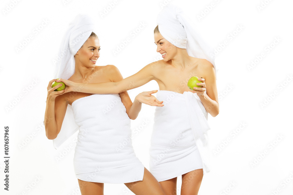 Two happy teen girl after shower Two happy teen girl after shower
