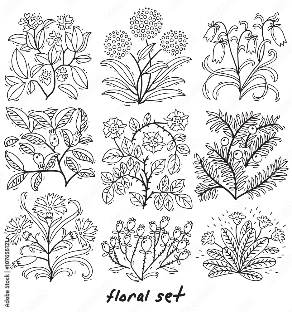 Set of plants with flowers and leaves