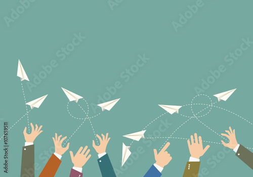 The hands throw paper airplanes. Vector illustration.
