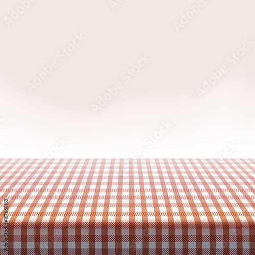 Vector picnic table covered with tablecloth on red background.