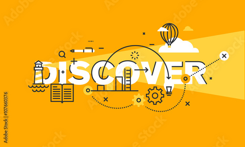 Thin line flat design banner for DISCOVER web page, new solutions, technology, knowledge and science. Modern vector illustration concept of word DISCOVER for website and mobile website banners.