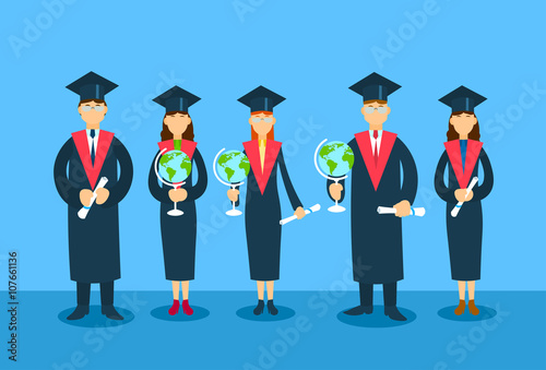 Student Group Graduation Gown Hold Globe Paper Diploma Sertificate