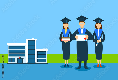 Student Group Graduation Gown Hold Book Paper Diploma Sertificate, University Buiding Background