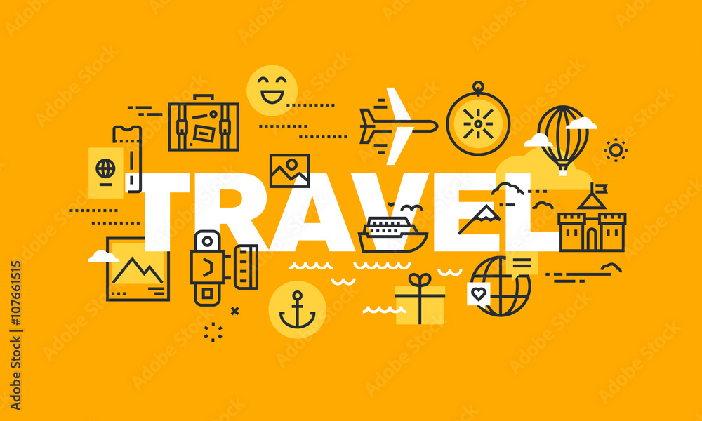 Thin line flat design banner for TRAVEL web page, holiday trip planning, travel destination, tour organization. Vector illustration concept of word TRAVEL for website and mobile website banners. - obrazy, fototapety, plakaty 