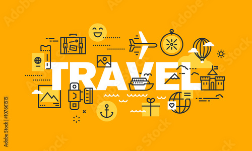 Thin line flat design banner for TRAVEL web page, holiday trip planning, travel destination, tour organization. Vector illustration concept of word TRAVEL for website and mobile website banners.