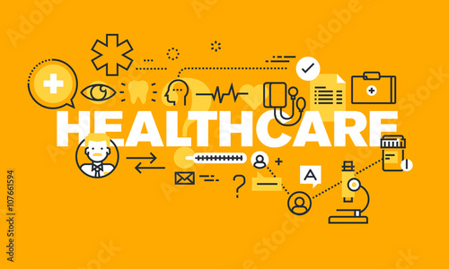 Thin line flat design banner for HEALTHCARE web page, medical support, healthcare insurance, diagnosis and treatment. Vector illustration concept of word HEALTHCARE for web and mobile website banners.