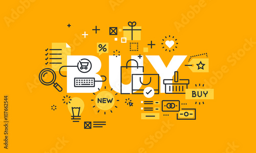 Thin line flat design banner for BUY web page, online shopping, e-commerce, discounts and bargains. Modern vector illustration concept of word BUY for website and mobile website banners.