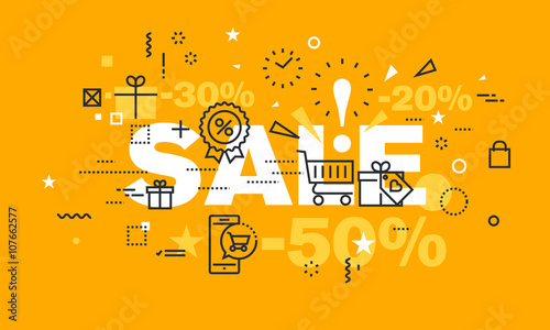 Thin line flat design banner for SALE web page, shopping, e-commerce, discounts and clearance sale. Modern vector illustration concept of word SALE for website and mobile website banners.