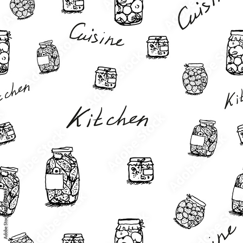 Seamless pattern from canned tomatoes and cucumbers, jam, healthy food, vegetarian food