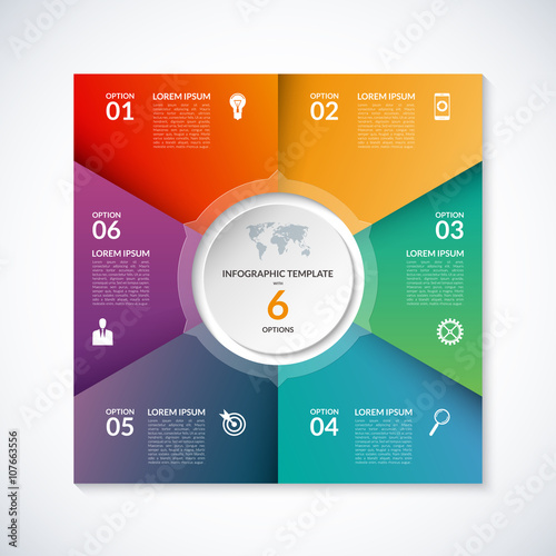 Vector infographic square template. Banner with 6 steps, stages, options, parts