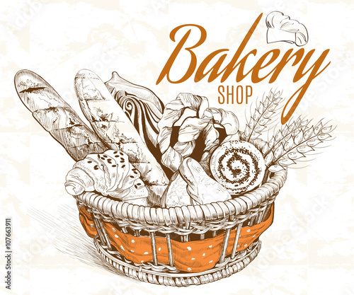 Vintage graphic hand drawn bakery basket in sketch style. Design for bakery,pastry, grocery , cafe. Vector illustration