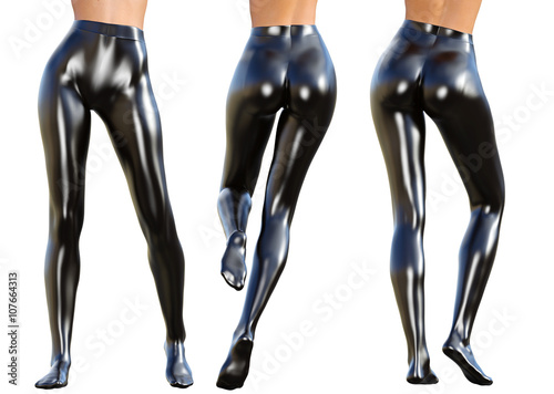 Set of sexy slim female legs in black latex stockings. Conceptual fashion art. Shiny pantyhose. Seductive candid pose. 3D render, photorealistic image. photo